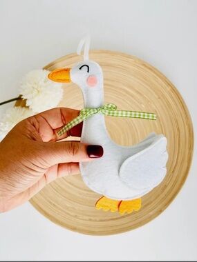 Handmade White Felt Goose Ornament with Green Check Ribbon